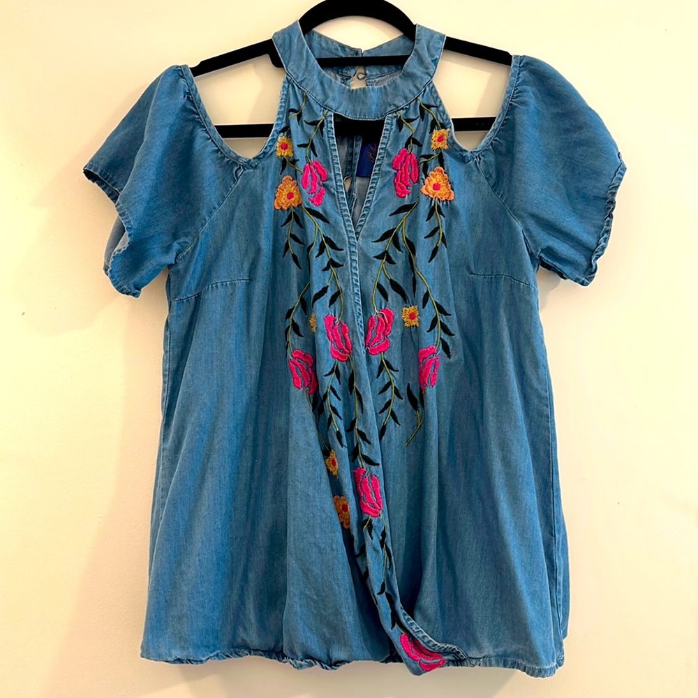 Denim Blue Shirt with embroidered flowers, size small, worn once!